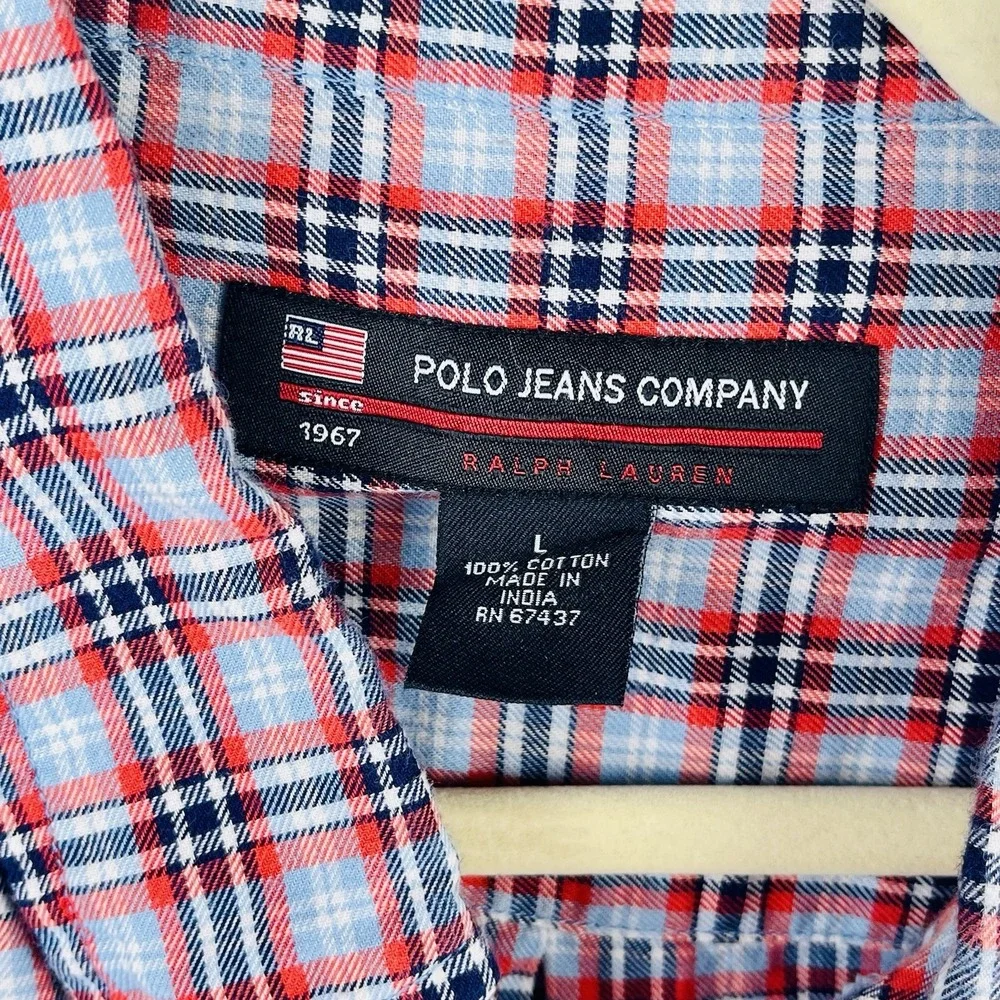 Polo Jeans Ralph Lauren Men's Shirt Large Red‎ Blue White Plaid Button Up Pony